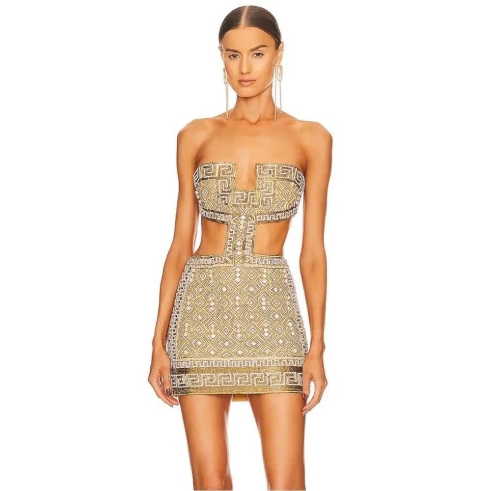 NEW Retrofete Norma Gold embellished rhinestone cut out mini dress size Large